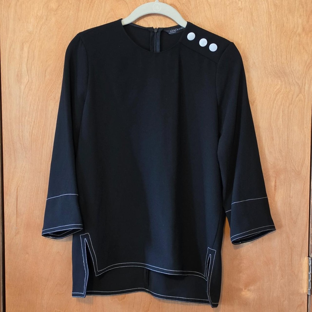 Zara Woman Asymmetrical Button Shoulder Blouse Black White Contrast Stitch XXS